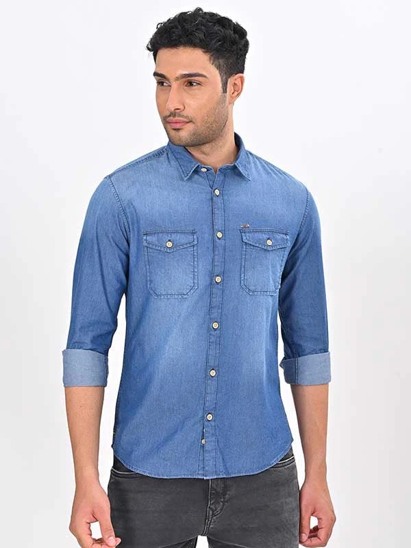 Indian Terrain Men's Slim Fit Full Sleeve Solid Blue Shirt
